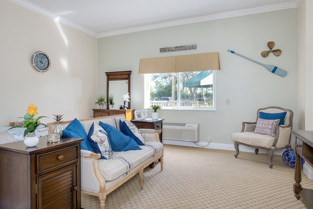 A cozy living room with a sofa adorned with blue cushions, complemented by a carpeted floor and a window allowing natural light to enter.