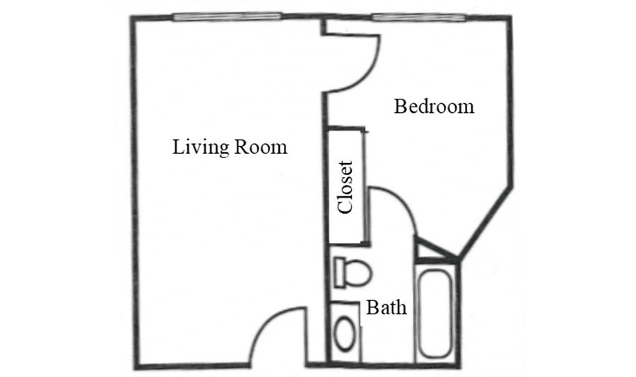 A floor plan of a one-bedroom apartment, featuring a living room, bedroom, bathroom, and closet.