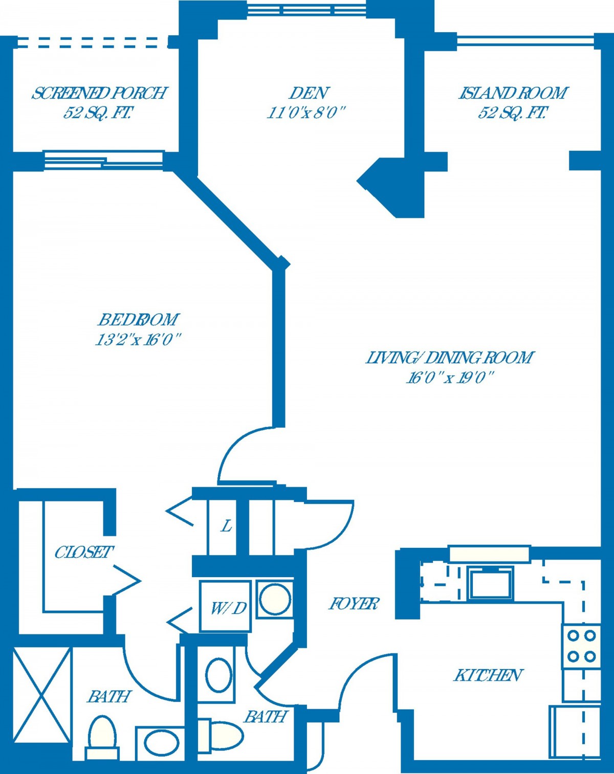 Blueprint of a two-bedroom apartment layout with marked dimensions.