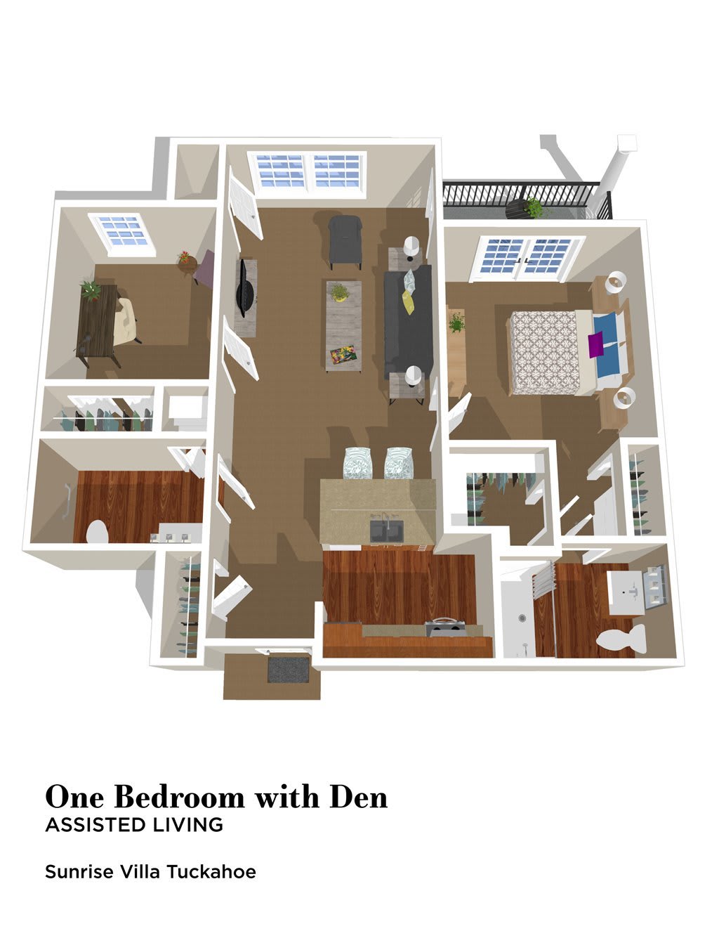A 3D floor plan of a one-bedroom apartment with a designated desk area.