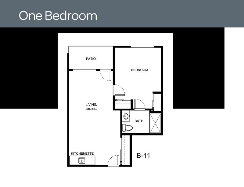 A floor plan of a one-bedroom apartment featuring a living room, kitchen, and bathroom.