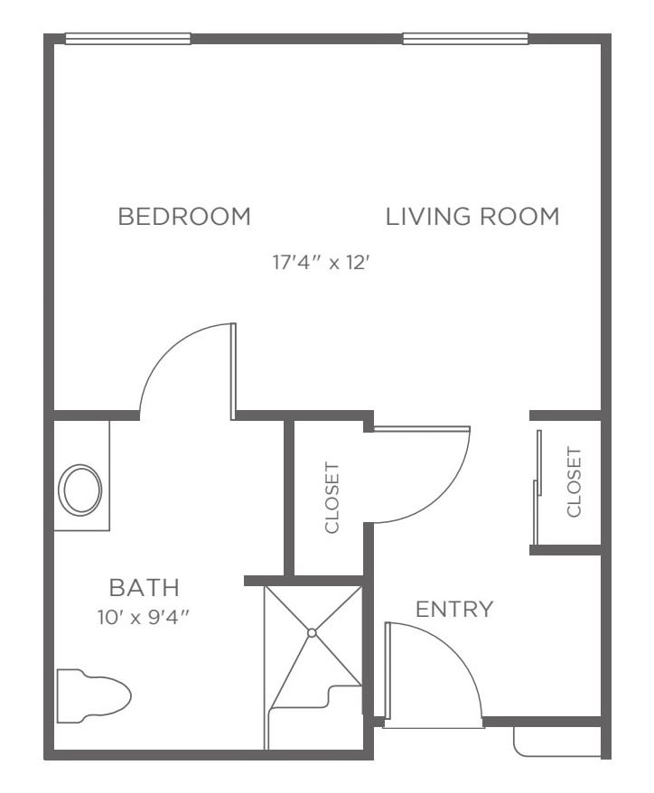 A floor plan showing a one-bedroom apartment with living room, bathroom, entryway, and closets.
