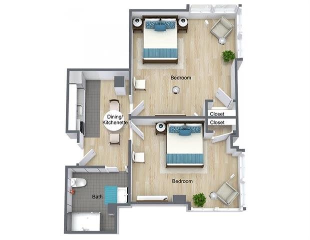 A 3D rendered floor plan of a two-bedroom apartment.