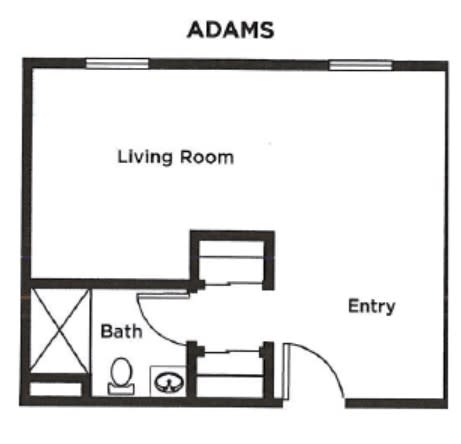 Floor plan of a single-room apartment labeled 'Adams', showing a living room, bath, and entry.