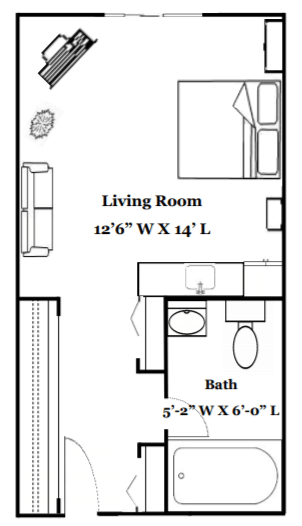 A floor plan of an apartment showing the layout and dimensions of the living room and bathroom.