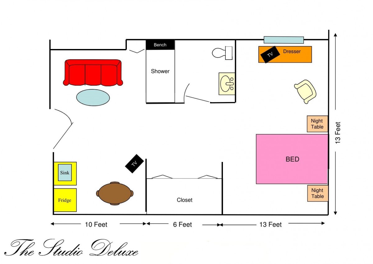 Floor plan of a studio apartment with labeled furniture and dimensions.