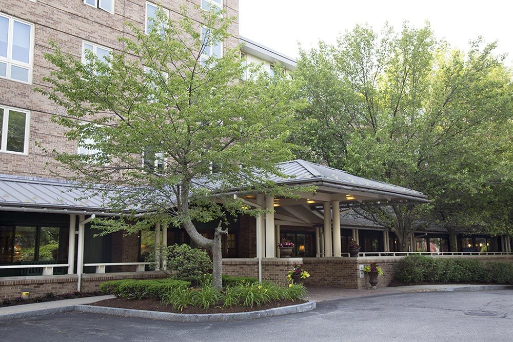 A building entrance surrounded by greenery and trees.