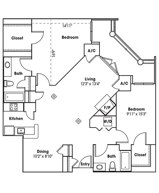 A detailed floor plan of a two-bedroom apartment showing the layout of rooms, including living and dining areas, kitchen, bathrooms, and closets.