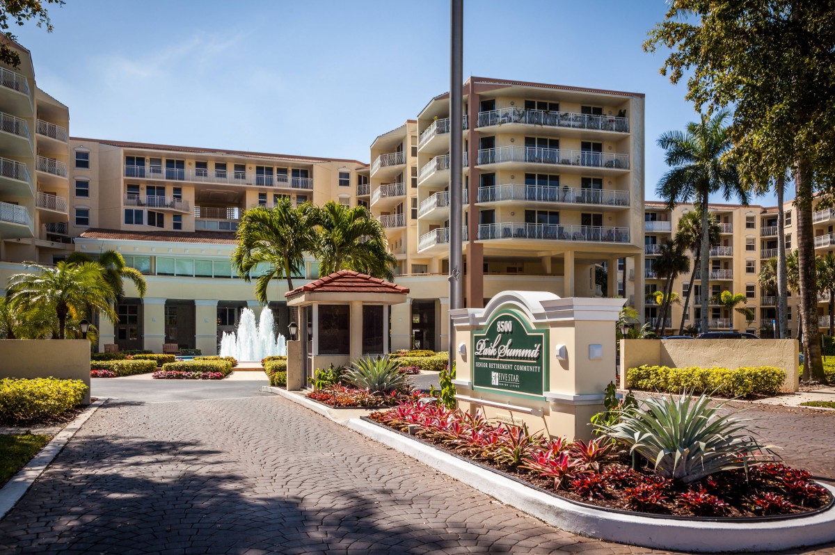 A luxurious hotel entrance with a fountain and palm trees.