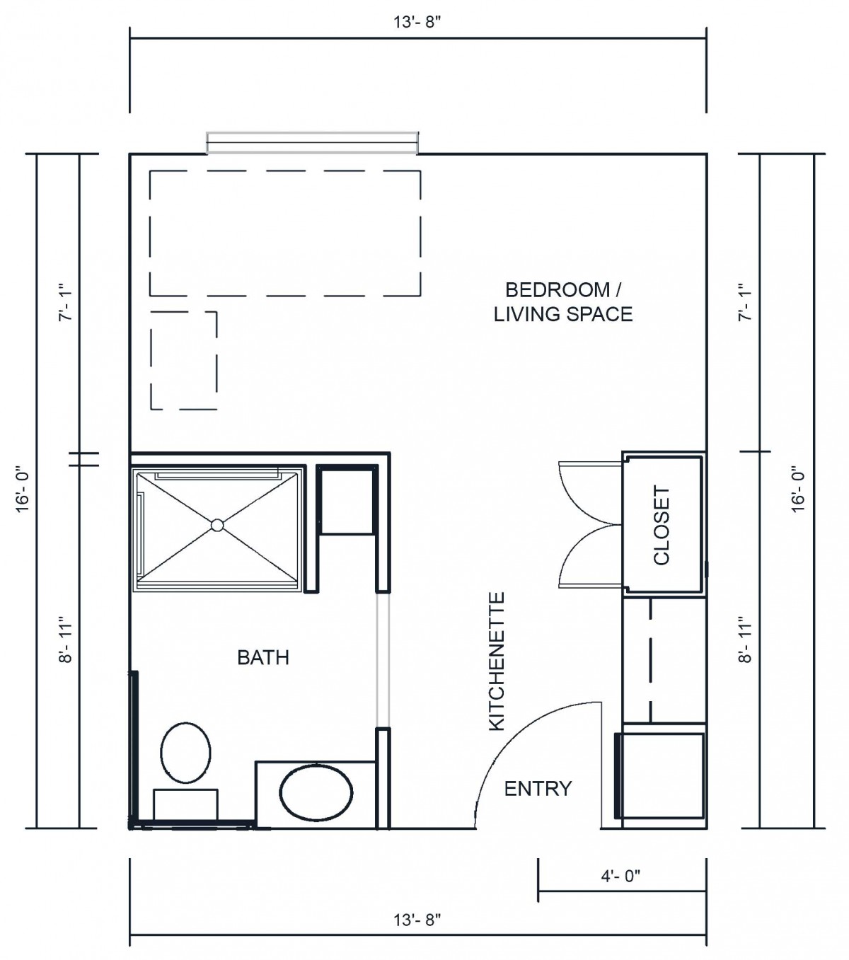 Studio apartment floor plan with bathroom and closet.