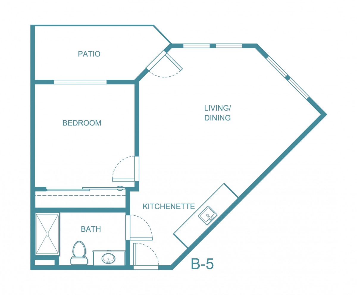 This is a floor plan of an apartment featuring one bedroom, a bathroom, a kitchenette, a living/dining area, and a patio.