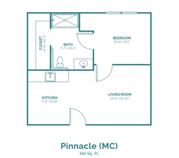A floor plan of a studio apartment named 'Pinnacle (MC)', featuring a living room, kitchen, bathroom, and closet.