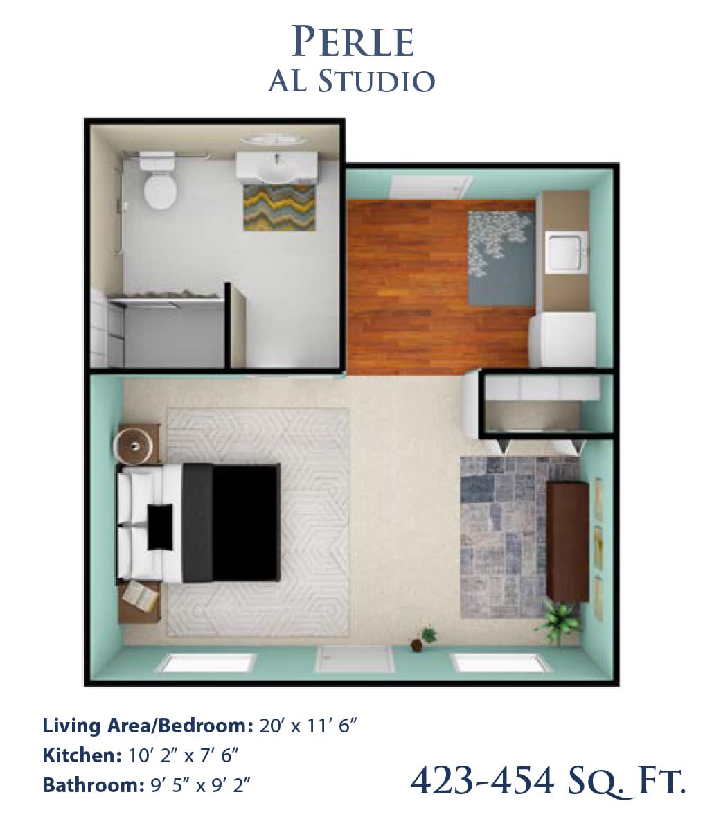 A floor plan of a studio apartment showing the layout of living area, kitchen, and bathroom.