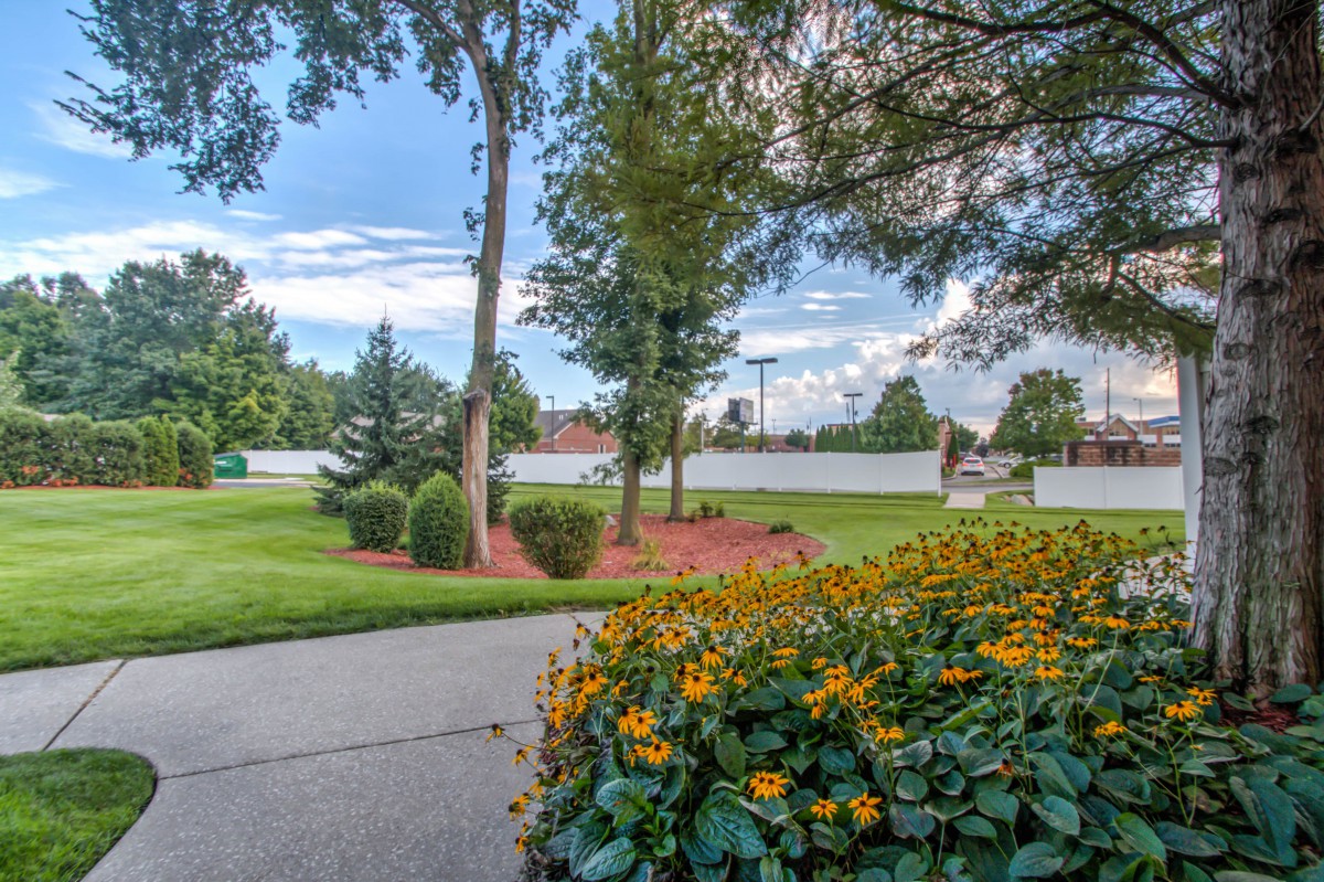 A scenic garden with vibrant flowers and lush green trees lining a pathway.