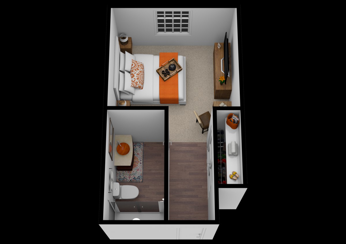 A compact apartment layout featuring a bedroom, bathroom, and living space in a studio design.