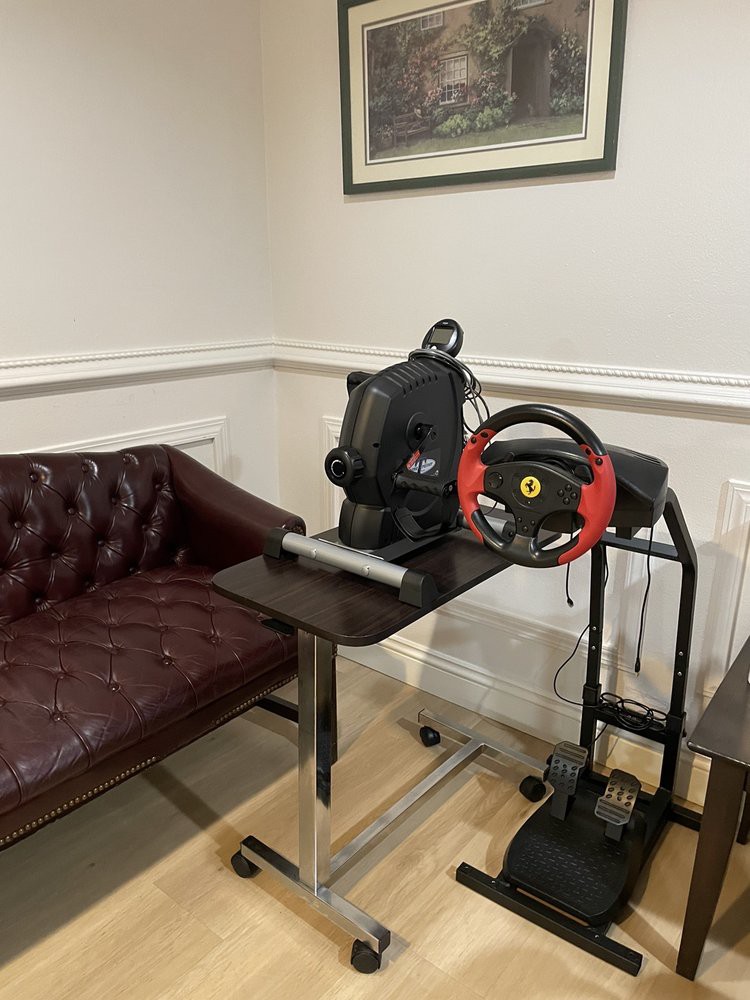 A cozy gaming setup featuring a racing simulator with a steering wheel and a telescope.