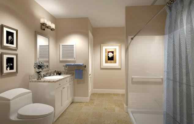 A modern bathroom with a shower, vanity, and elegant decor.