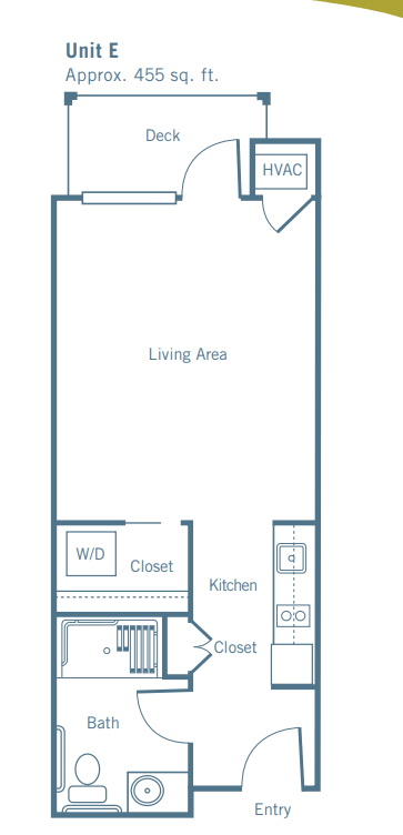 Studio apartment floor plan with living area, kitchen, and closet.