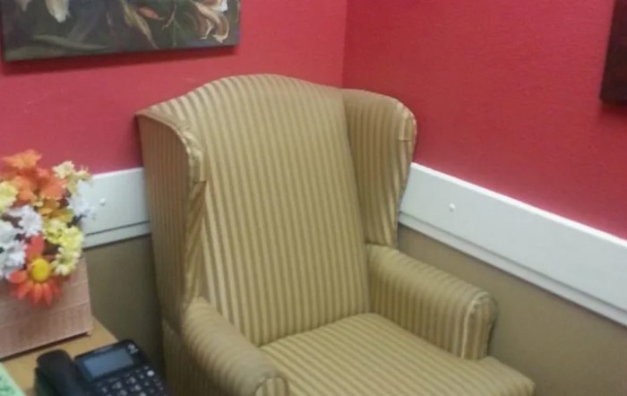 A striped armchair in an indoor setting with a red wall background.