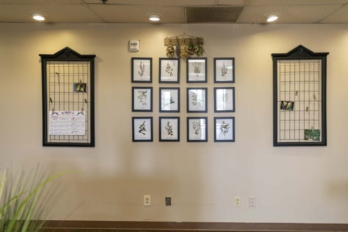 A neatly arranged gallery wall with framed pictures in a well-lit room.