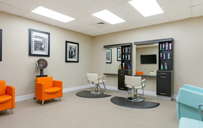 A modern salon interior with stylish chairs and mirrors.