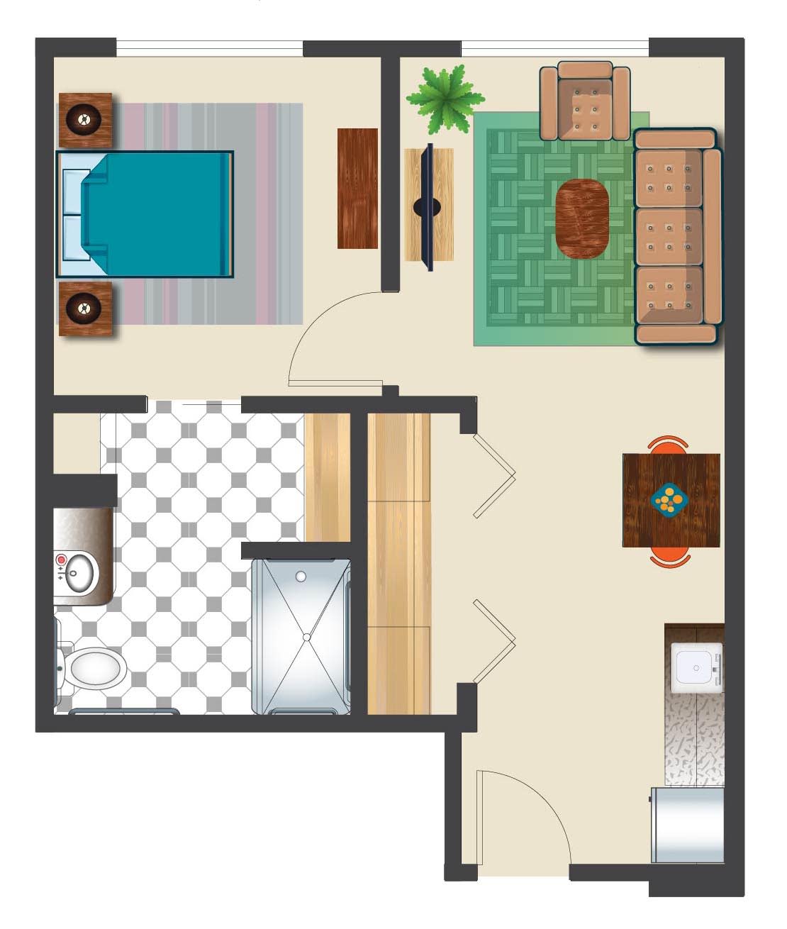 A simple floor plan of a one-bedroom apartment featuring a living room, kitchen, bathroom, and bedroom.