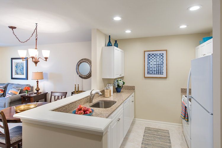 A modern kitchen with a clean and organized design, featuring a countertop, sink, and stylish decor.