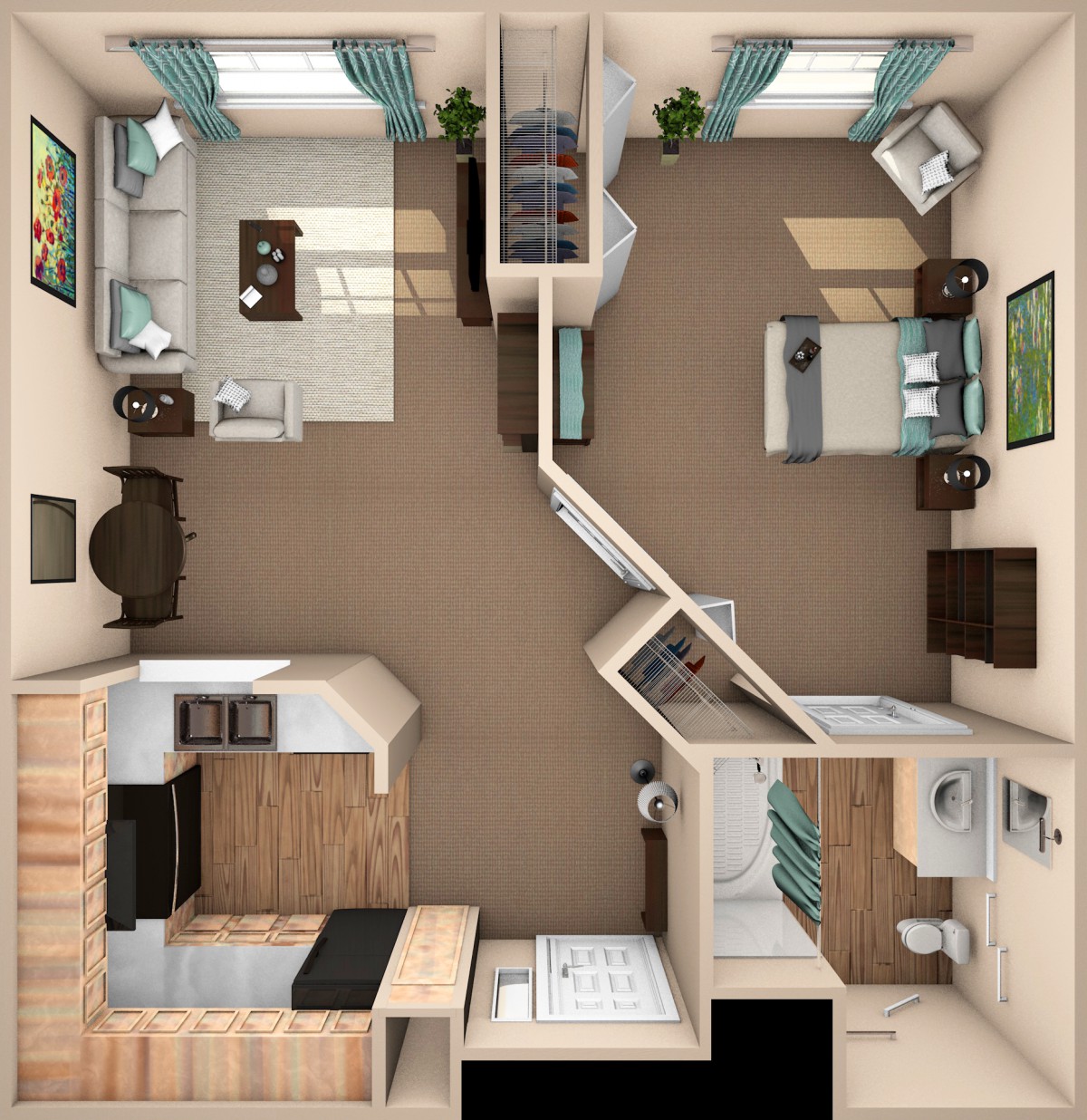 3D layout of a two-bedroom apartment showcasing the arrangement of rooms.