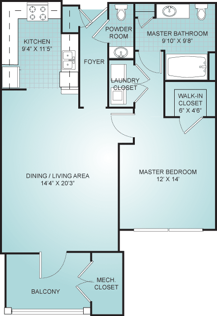 A floor plan of an apartment featuring a dining/living area, master bedroom, kitchen, and closets.