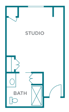 A simple floor plan of a studio apartment layout.