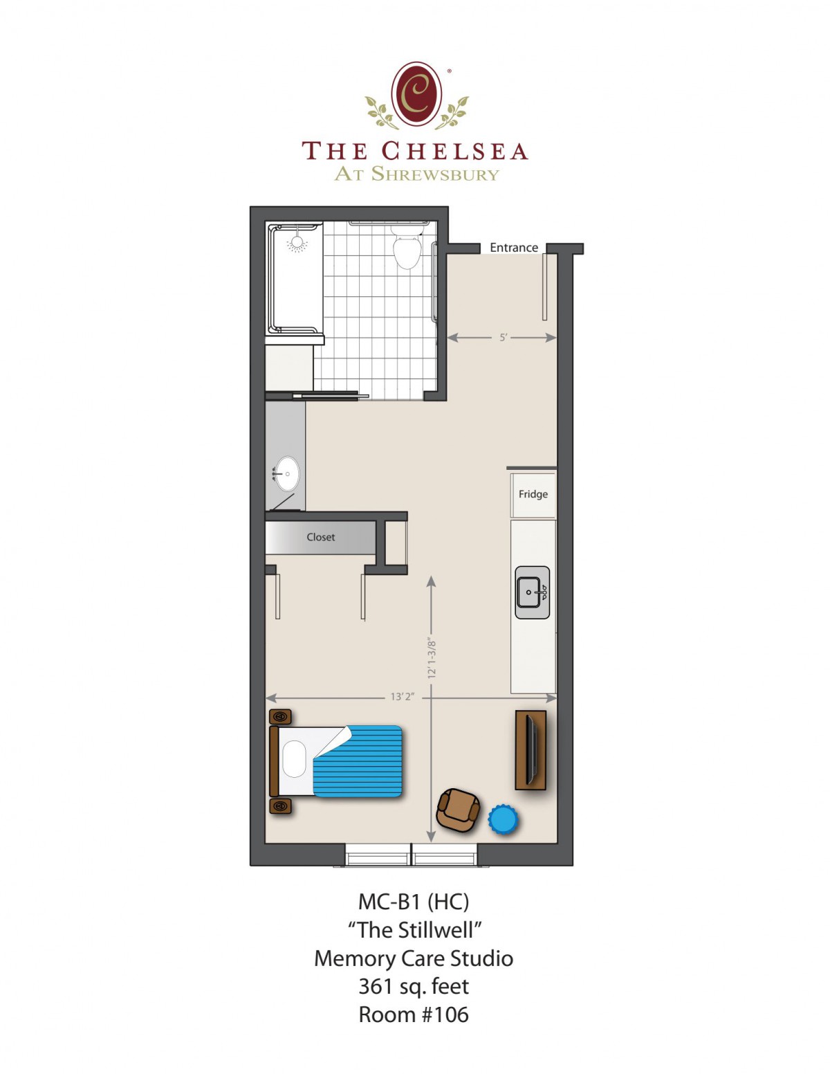 Floor plan of a studio apartment labeled 'The Chelsea', featuring a simple layout with kitchen, bathroom, and living area.