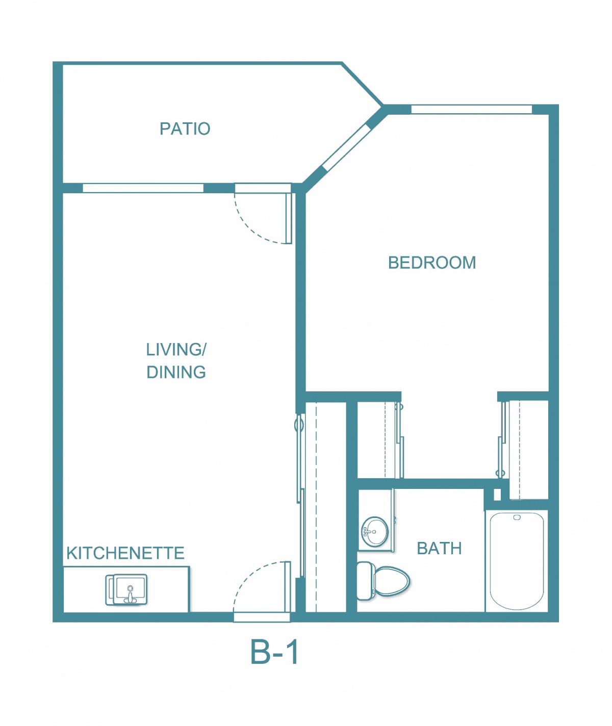 Floor plan of a one-bedroom apartment with a living/dining area, kitchenette, bathroom, and patio.