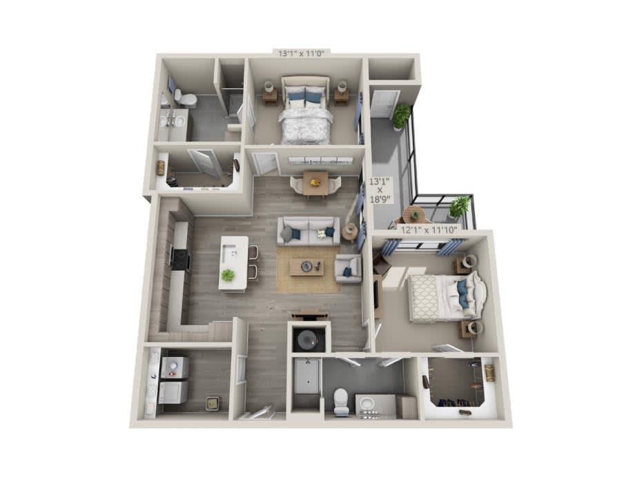 A 3D floor plan of an apartment showing multiple rooms, including a kitchen, living room, bedrooms, and bathrooms.