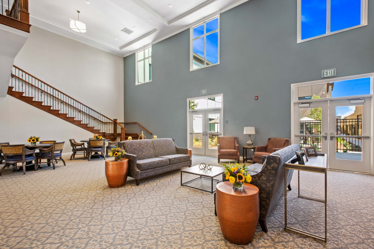 A spacious and elegantly decorated living room with modern furniture and large windows.
