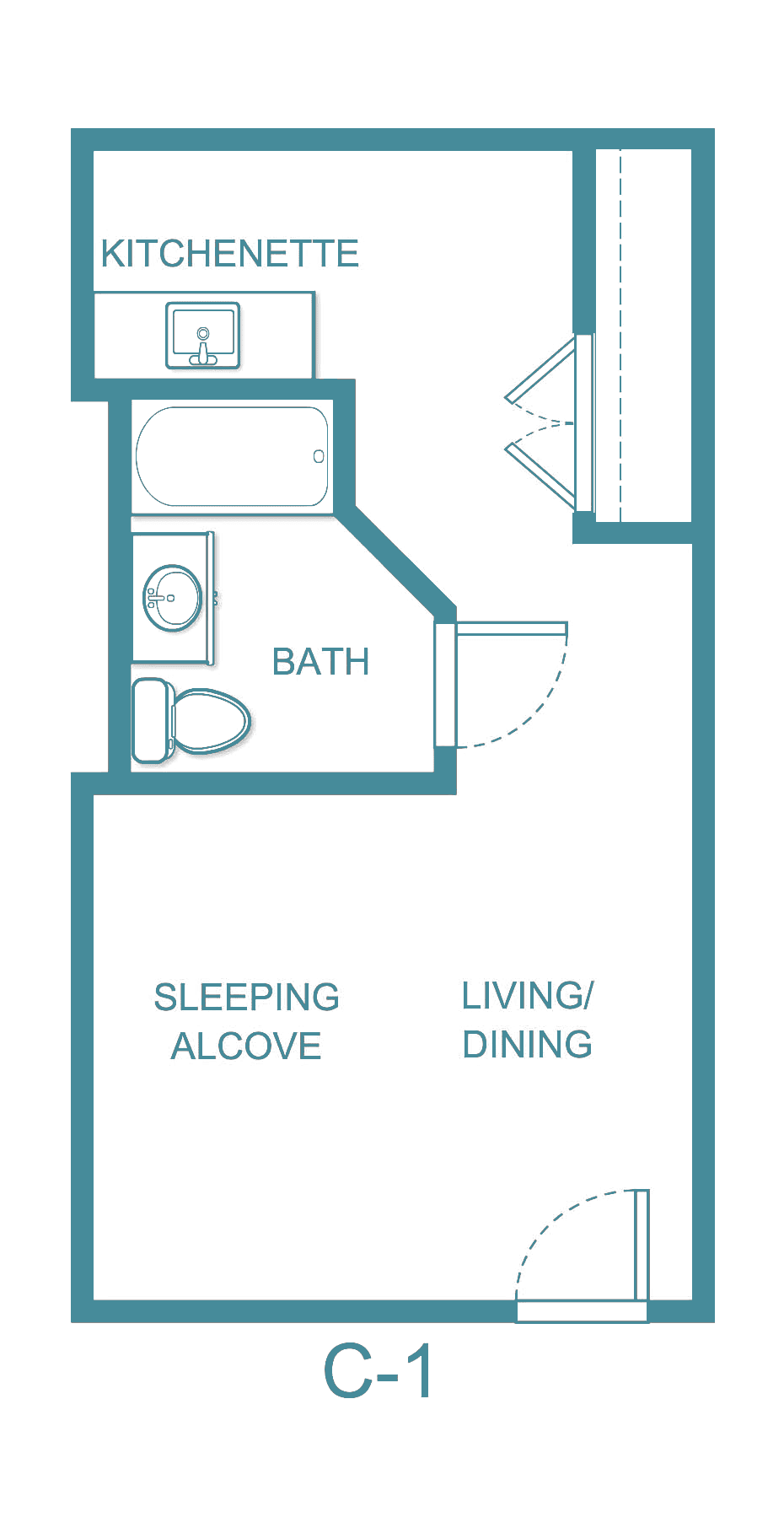 Floor plan of a studio apartment with a bath, sleeping alcove, and living/dining area.