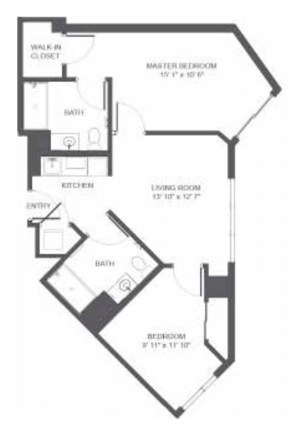 Floor plan of an apartment showing room dimensions and layout.