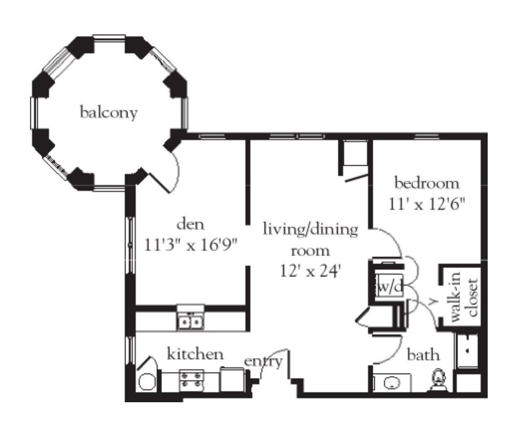 A detailed floor plan of an apartment featuring a kitchen, dining room, bedroom, bath, den, and balcony.