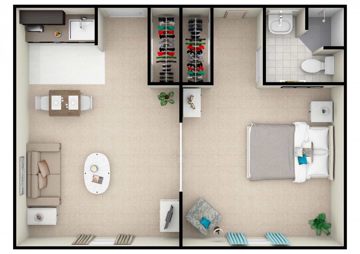 A detailed floor plan showing the layout of an apartment, including a bedroom, bathroom, kitchen, and living area.