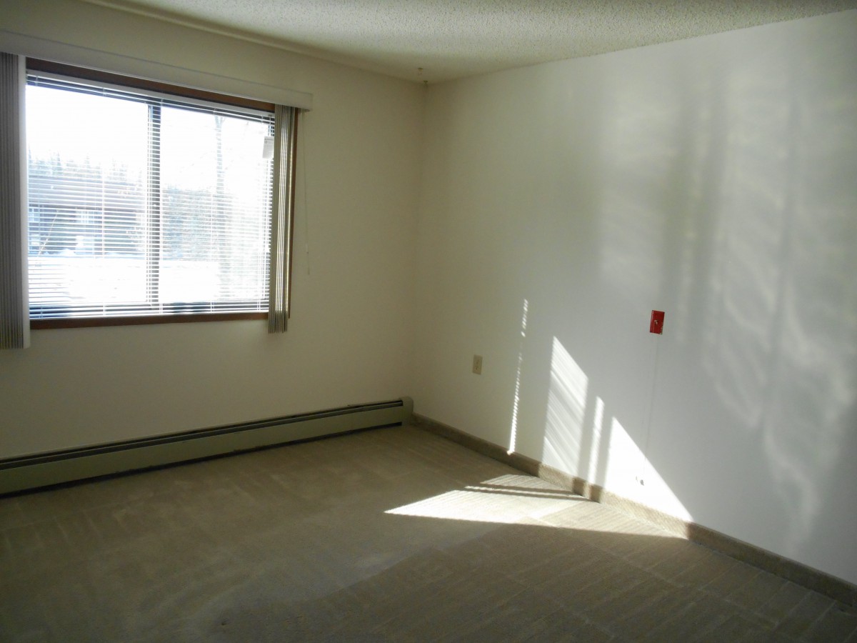 An empty room with sunlight streaming through a window.