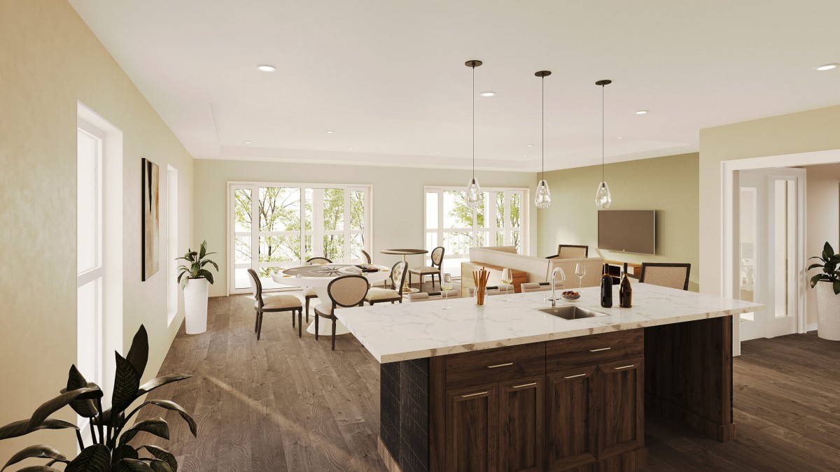 A spacious open floor plan kitchen and dining area with modern design elements and ample natural light.