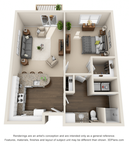 3D floor plan of a modern single-bedroom apartment with living room, kitchen, and bathroom.
