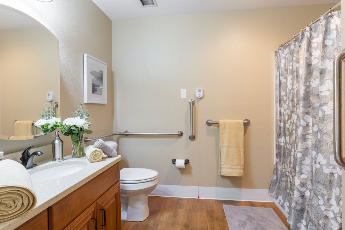 A well-organized bathroom with accessibility features, including handrails and a shower area.