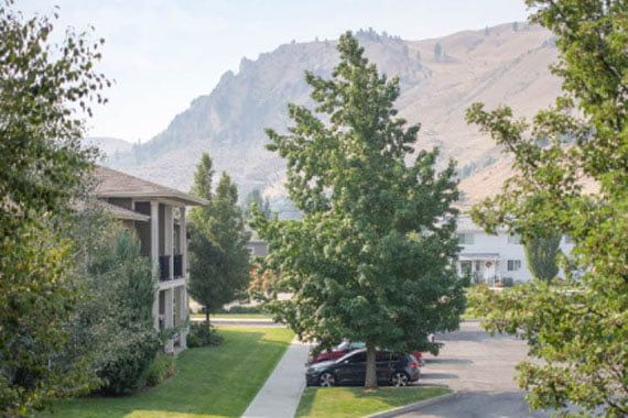 A scenic view of a residential area with mountains in the background.
