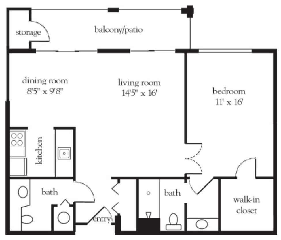 A detailed floor plan of an apartment, showing the layout of rooms including living room, dining room, bedroom, bathrooms, and balcony.
