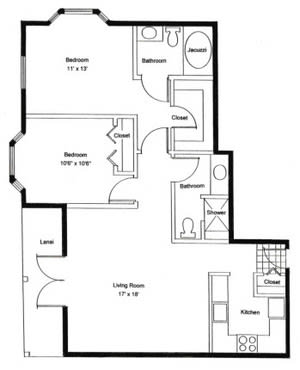 A detailed floor plan of a two-bedroom apartment, including living room, kitchen, and two bathrooms.