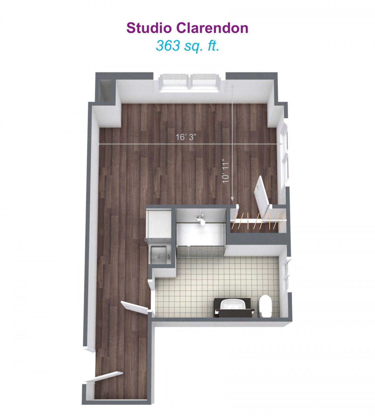 Studio Clarendon floor plan with an area of 363 square feet.
