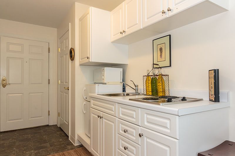 A compact kitchen with white cabinets and minimalist decor.