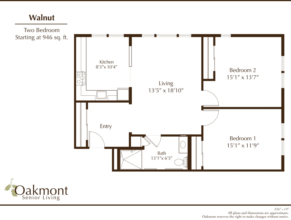 A floor plan of a two-bedroom apartment featuring a living room, kitchen, and bathroom.