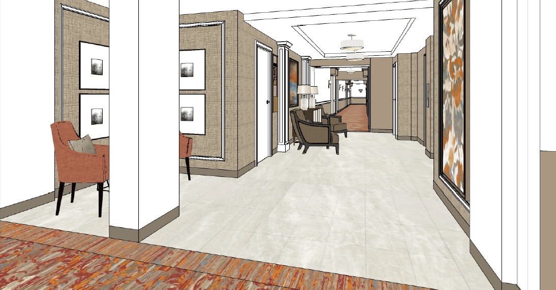 A 3D rendering of an office reception area with modern furniture and decor.