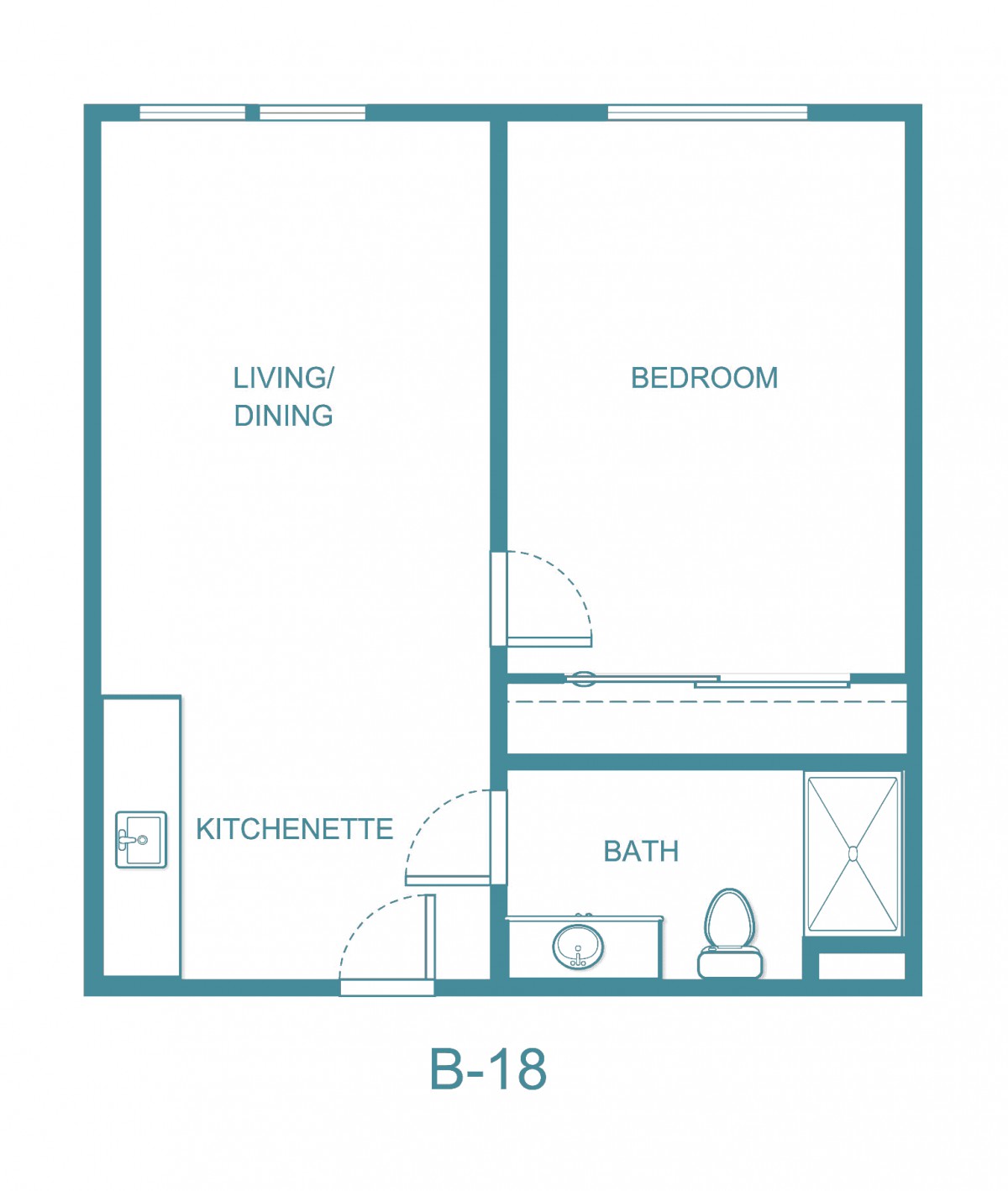 A one-bedroom apartment floor plan featuring a living/dining area, kitchenette, and bathroom.